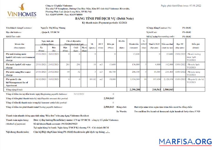 Blank VIETNAM VINHOMES utility bill Word and PDF template